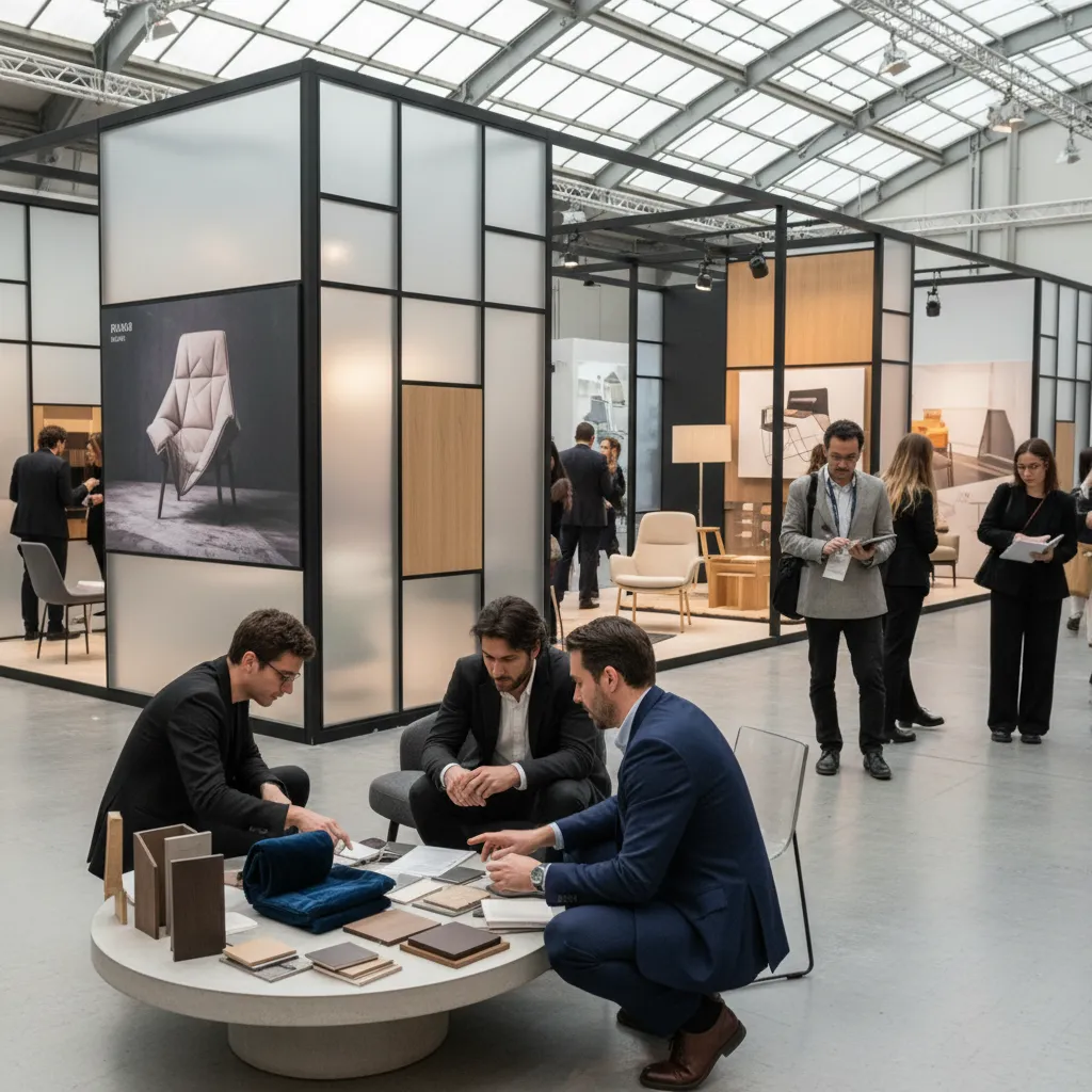 Diseñadores conversando y haciendo networking en una feria de interiorismo