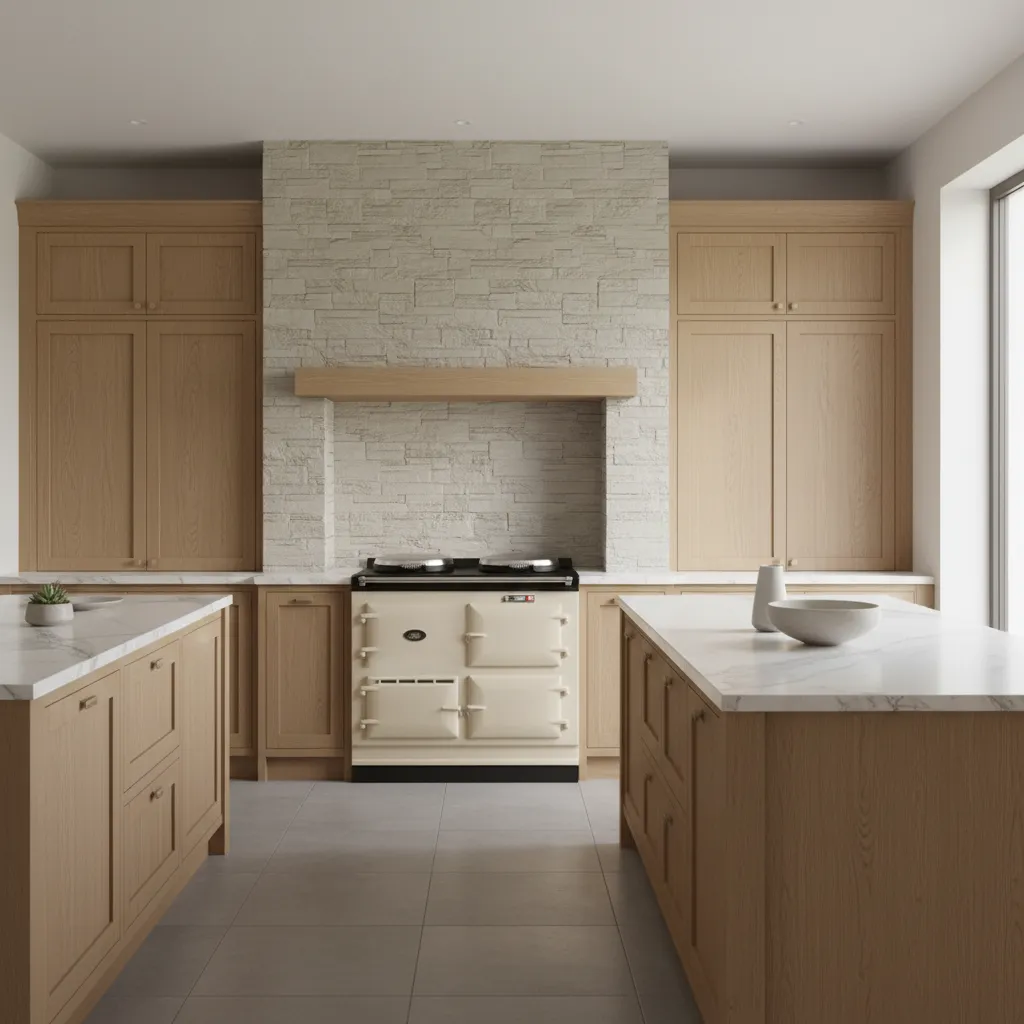 Neutral kitchen with cream AGA cooker paired with natural wood and stone textures