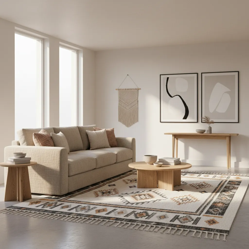 living room with neutral sofa and aztec rug creating balanced visual space