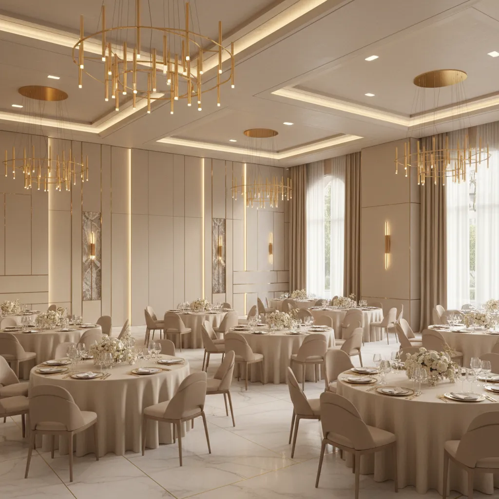 modern banquet hall interior with neutral beige and gold palette