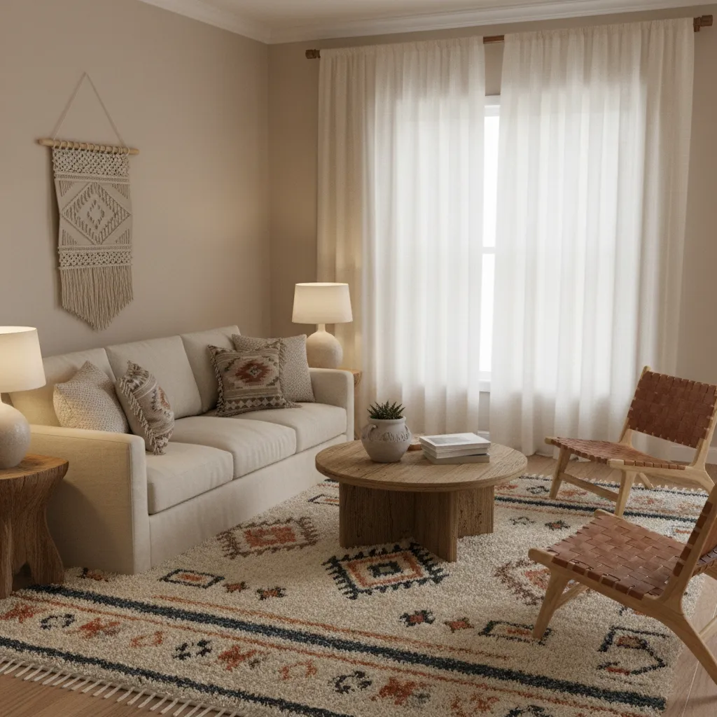Neutral color living room with Aztec patterned textiles and warm tones