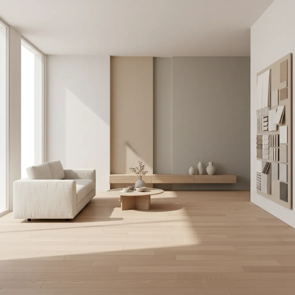 Interior space showing warm neutral wall colors beige greige and wood materials