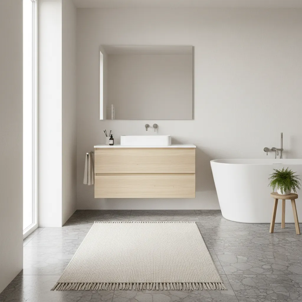 Neutral bathroom interior with cream bath rug on stone tile floor