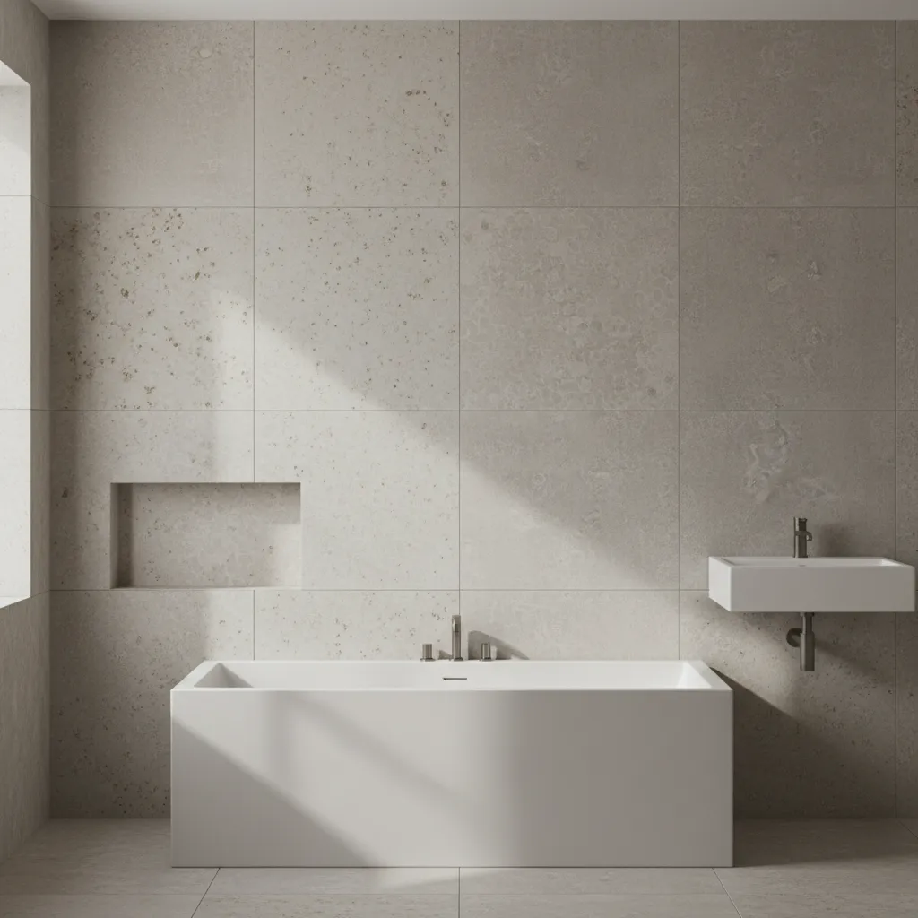 Comparison style bathroom surface showing natural stone and porcelain tile textures
