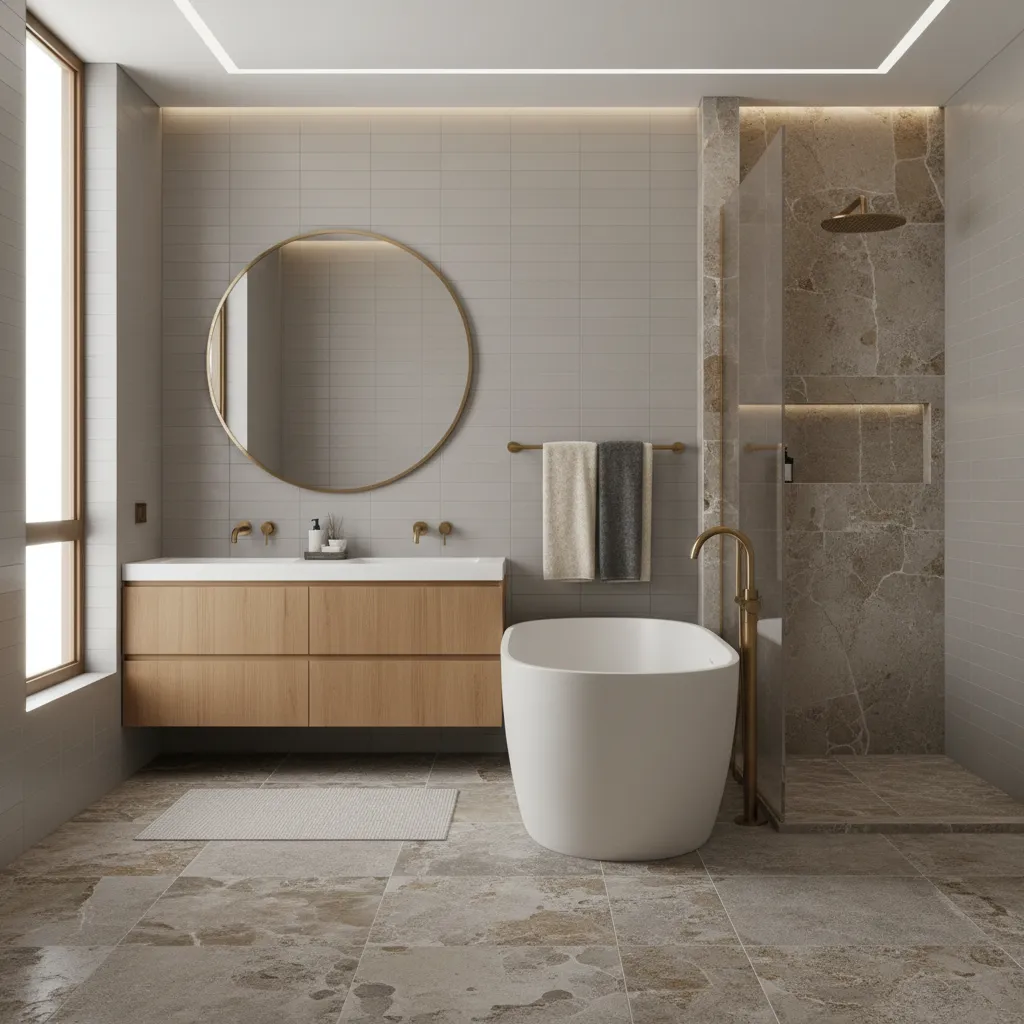 grey and tan bathroom with layered textures including stone tile and wood vanity