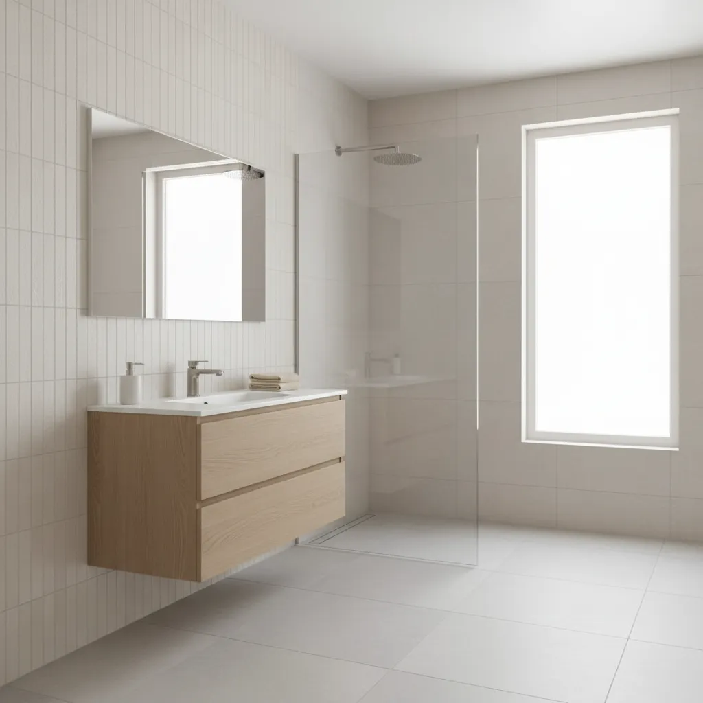 bathroom interior with neutral tile colors white beige and grey