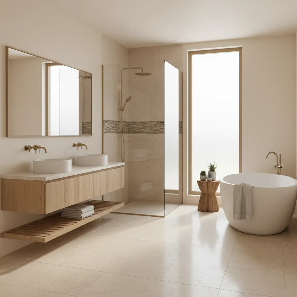 Bathroom interior with neutral tile flooring and soft painted walls