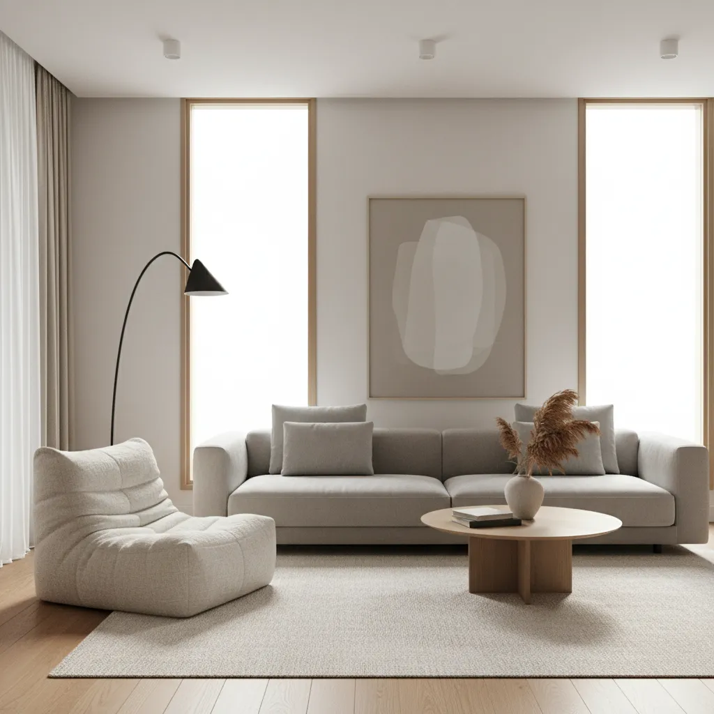 Neutral modern living room with a linen bean bag beside a sofa