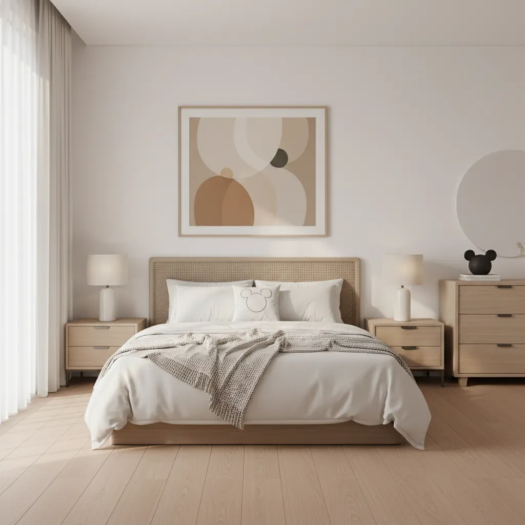 Neutral bedroom interior with subtle Mickey themed accents