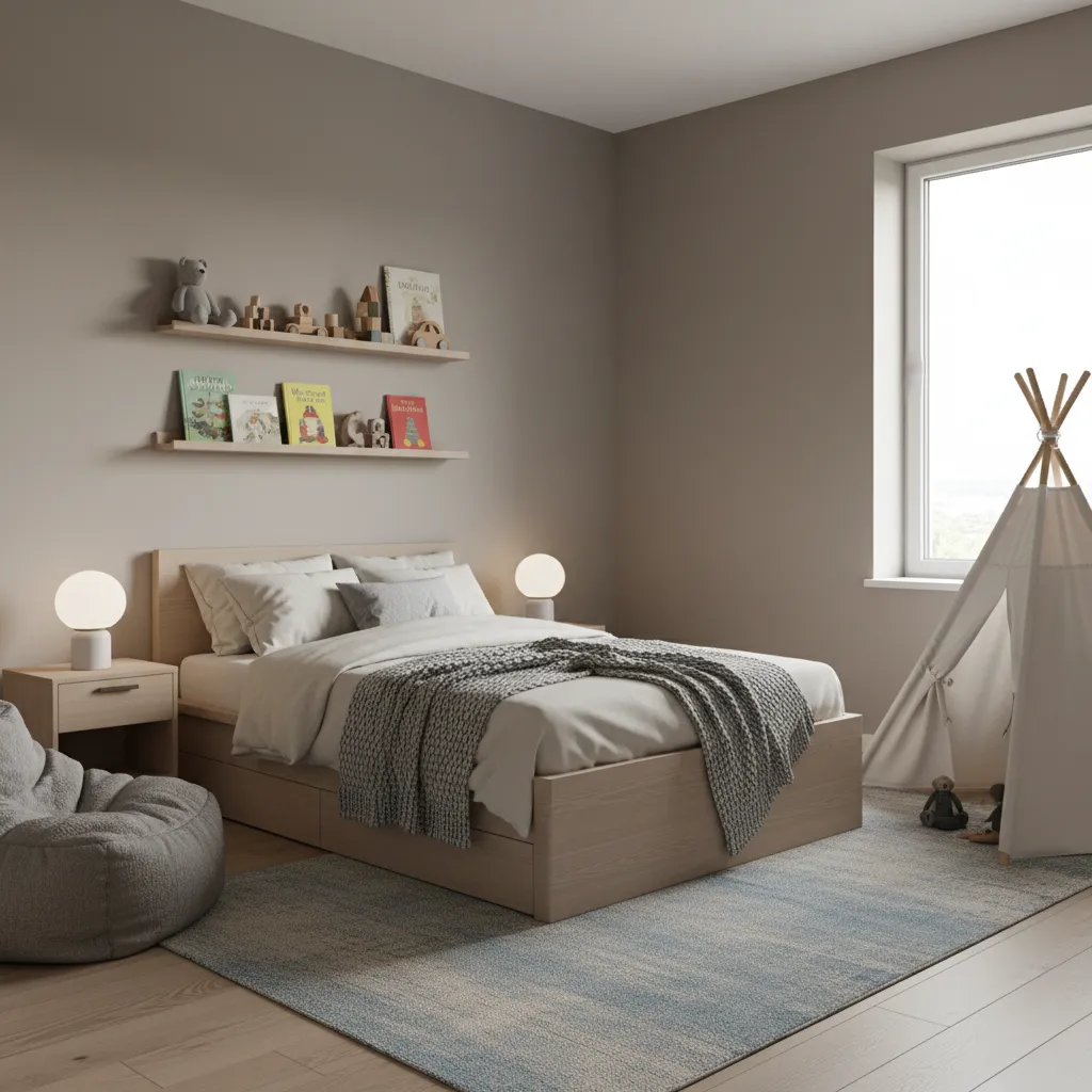 boys bedroom with neutral wall colors and simple modern decor