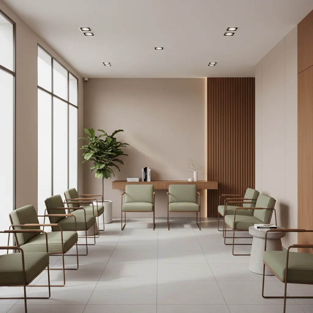 calm waiting room interior with neutral colors and comfortable seating