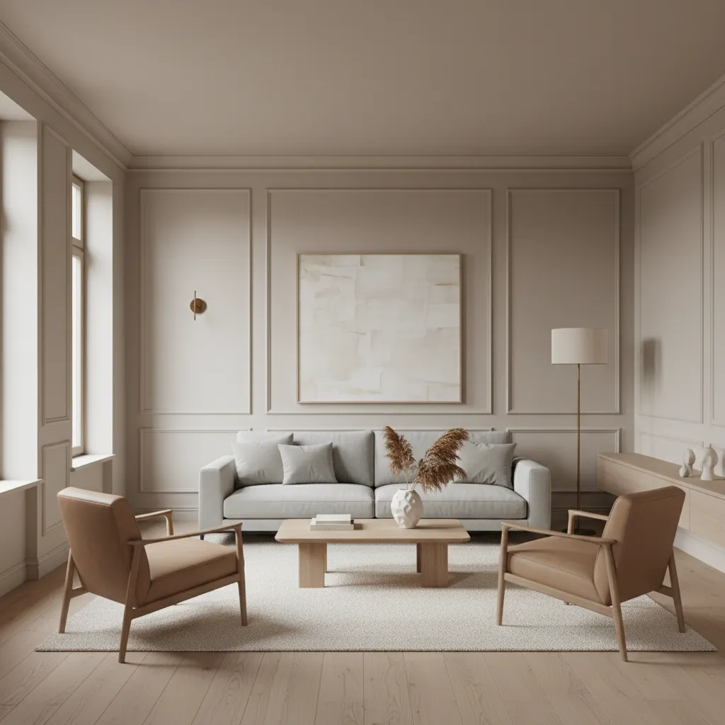 Interior elegante con paleta de colores neutros y molduras