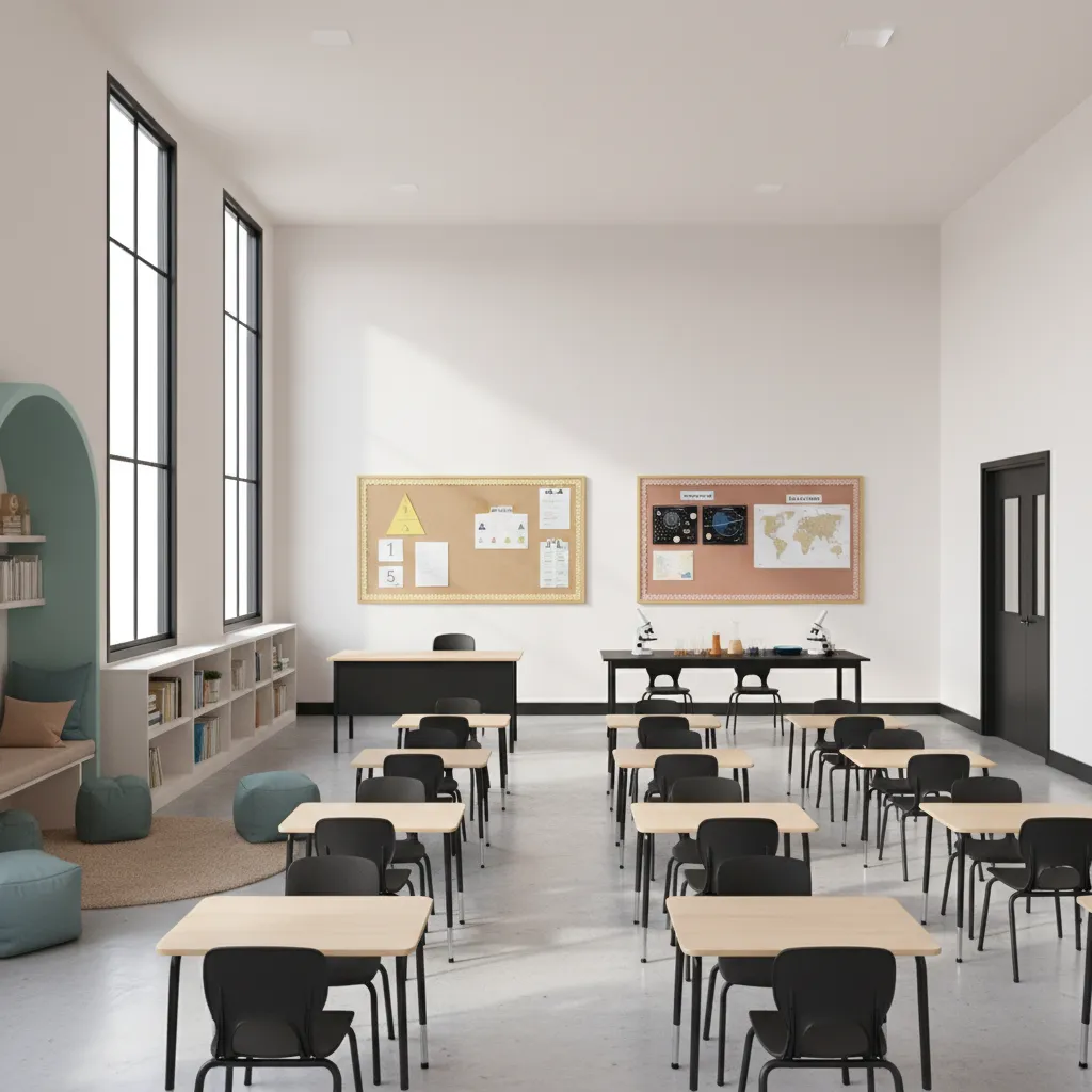 neutral classroom with subtle color learning zones and organized layout