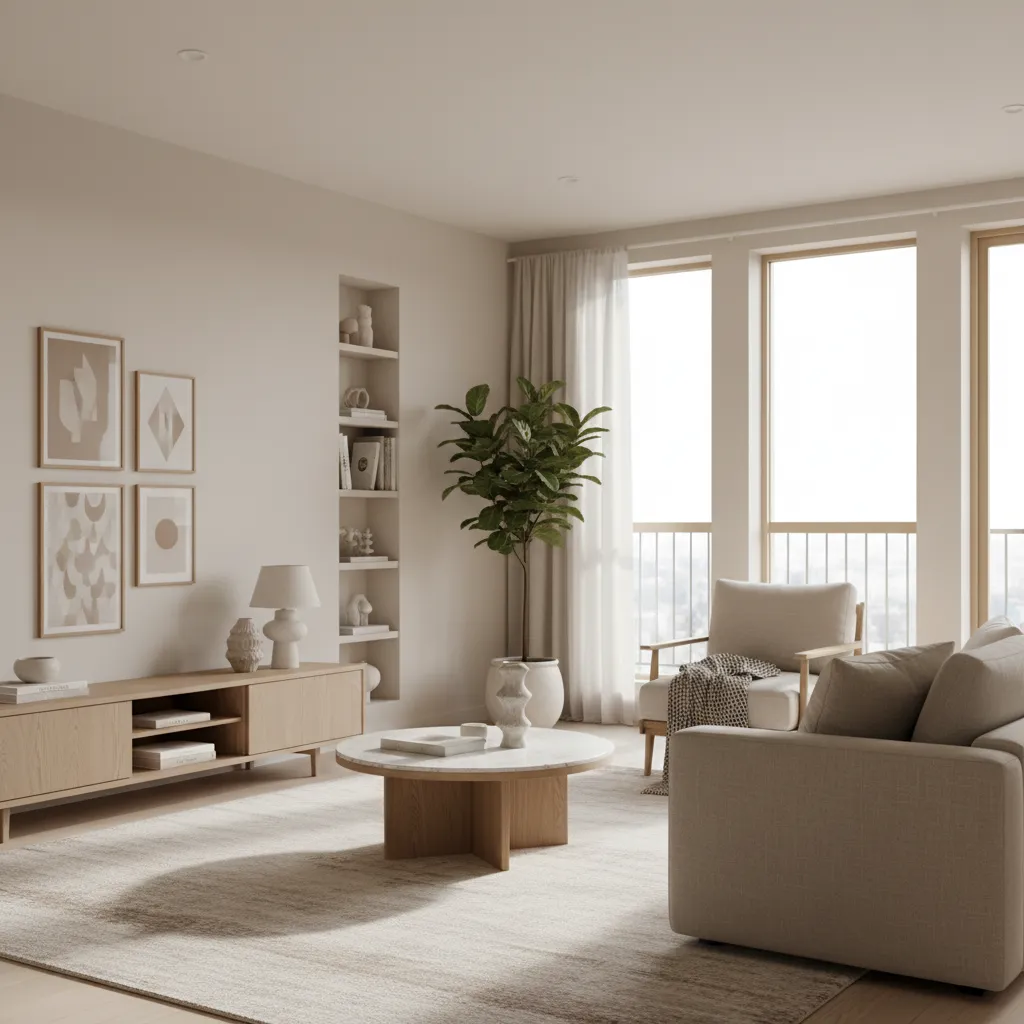 Interior de piso con paleta de colores neutros y madera natural