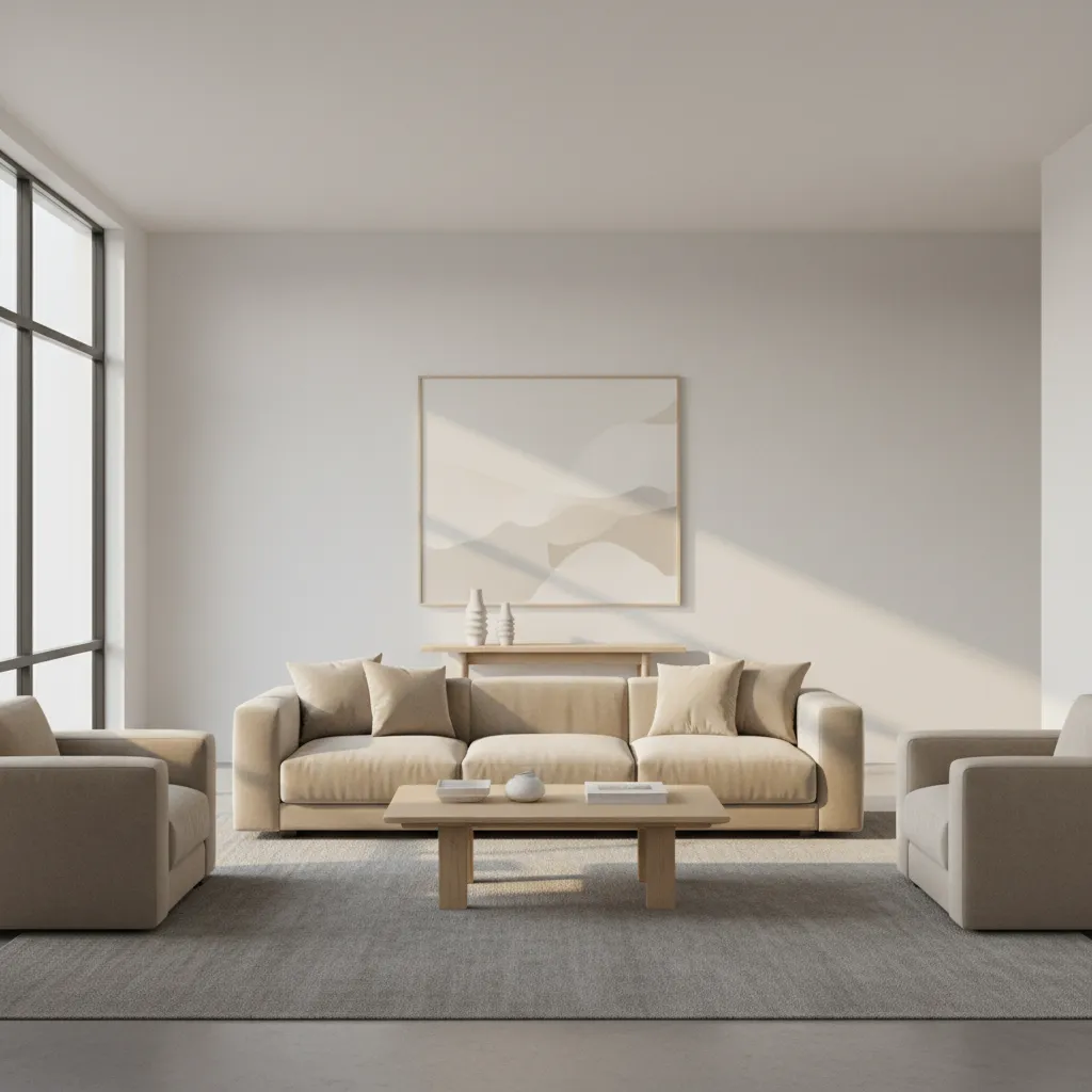 Neutral color hall interior with beige sofa wood accents and soft lighting