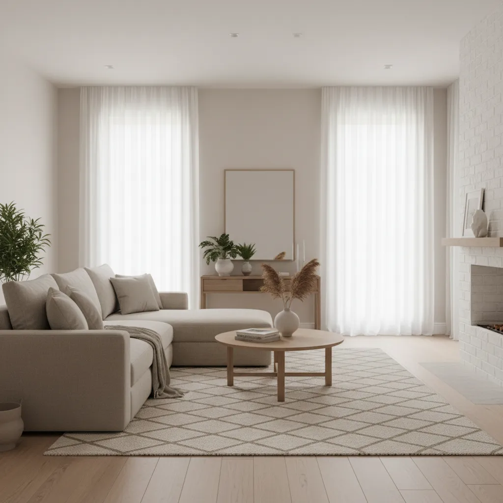 Interior con paleta de colores neutros blanco beige y madera