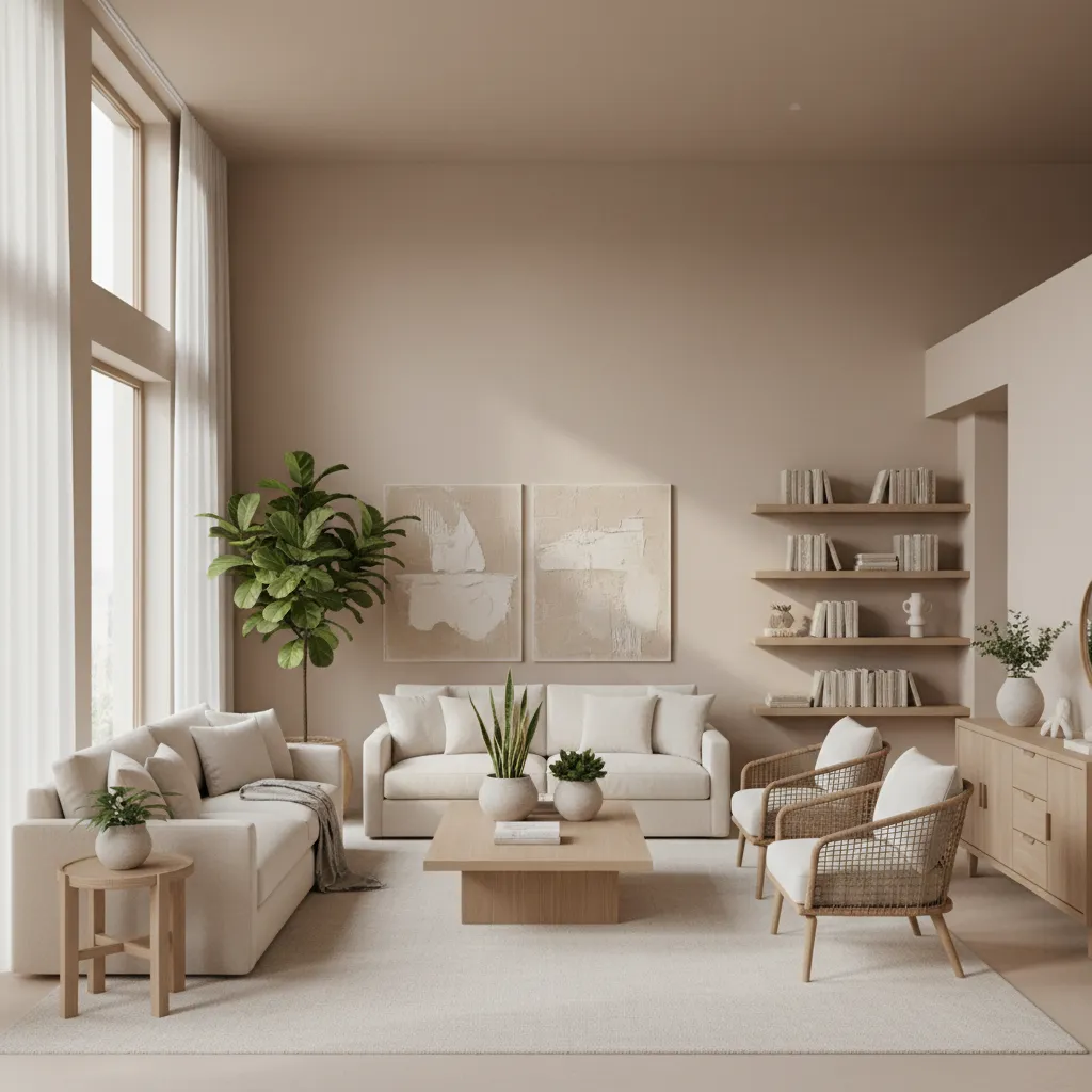 Neutral beige living room with two sofas wooden coffee table wall art and green plants