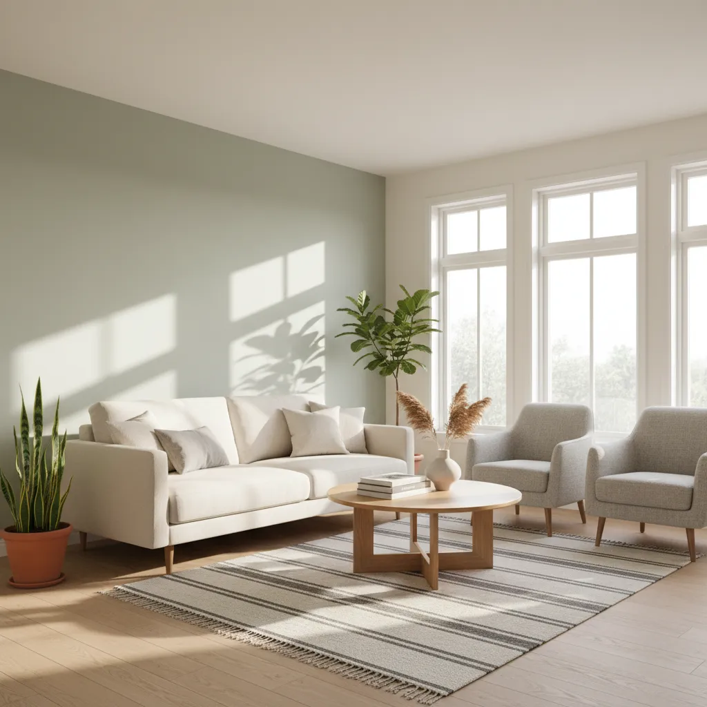 Bright living room with white sofa, grey chairs, wooden table, striped rug, and green plants
