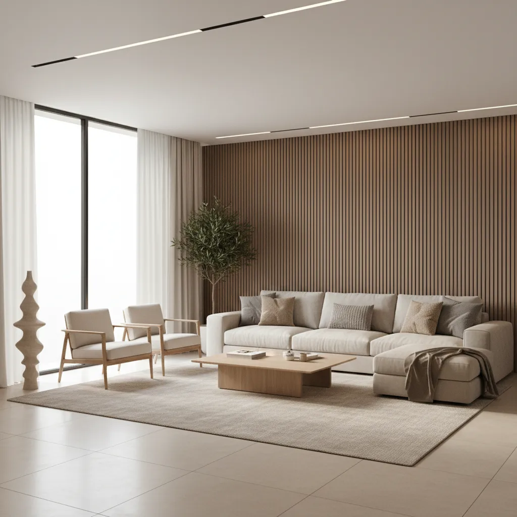 neutral color palette modern hall design with beige walls and wood accents