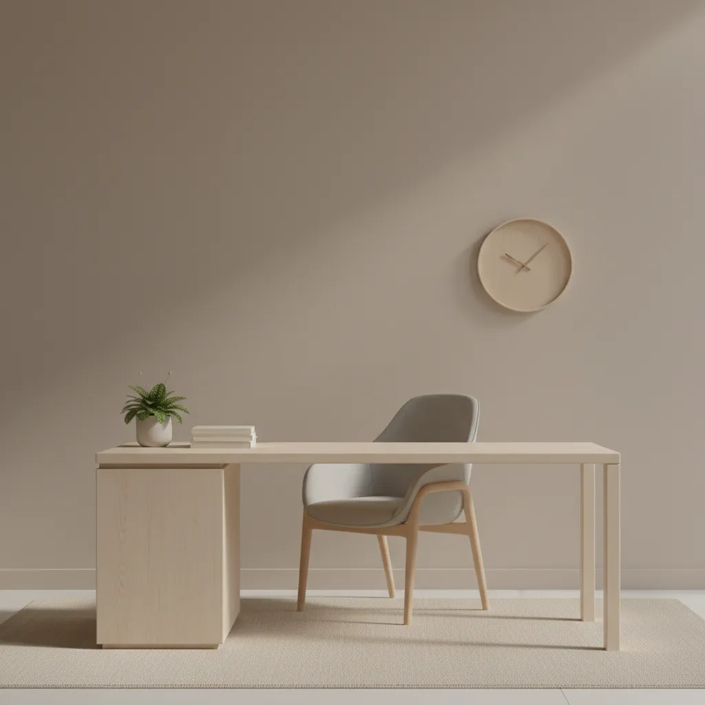 neutral color office interior with wood desk and soft lighting