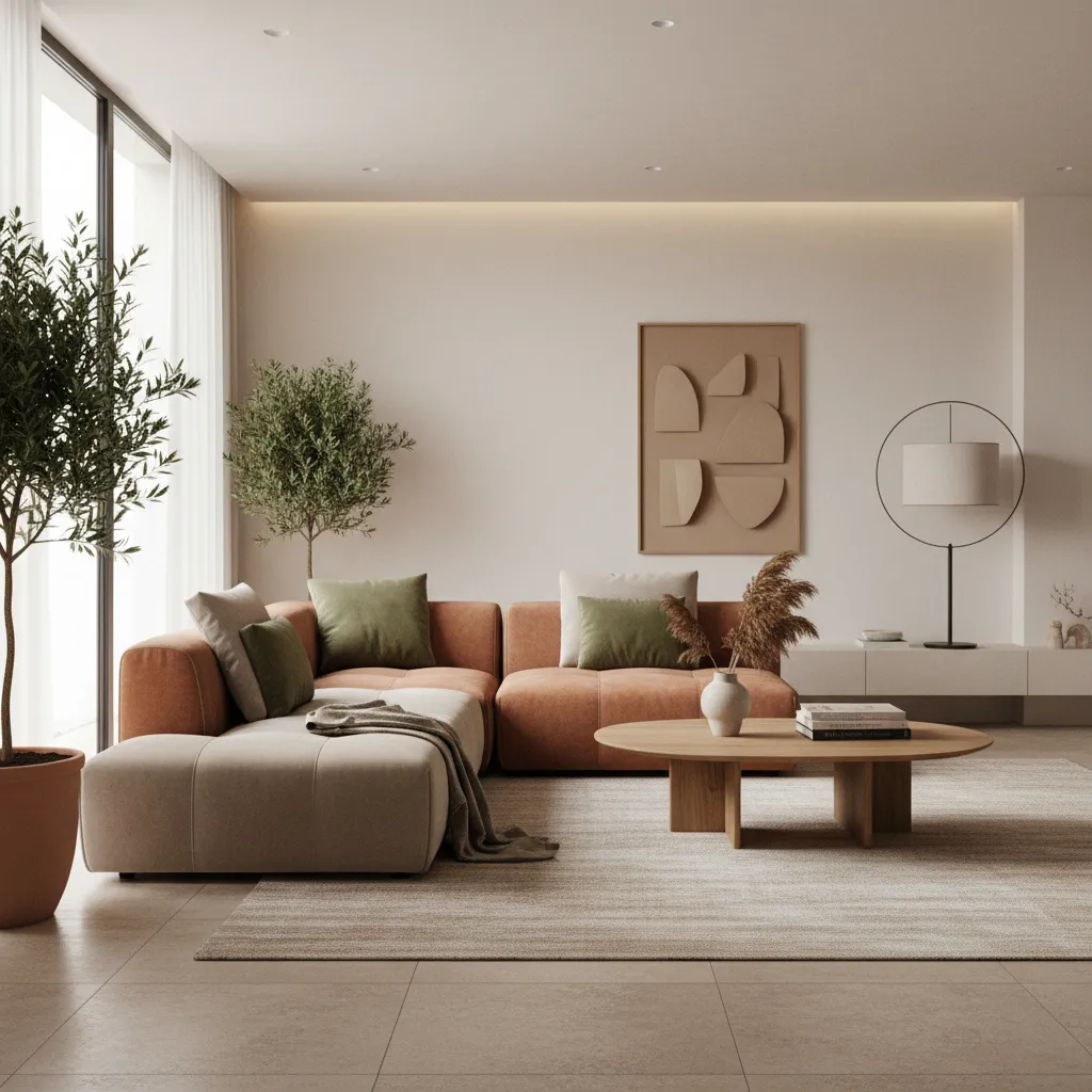 Interior con paleta de colores neutros cálidos como beige y terracota