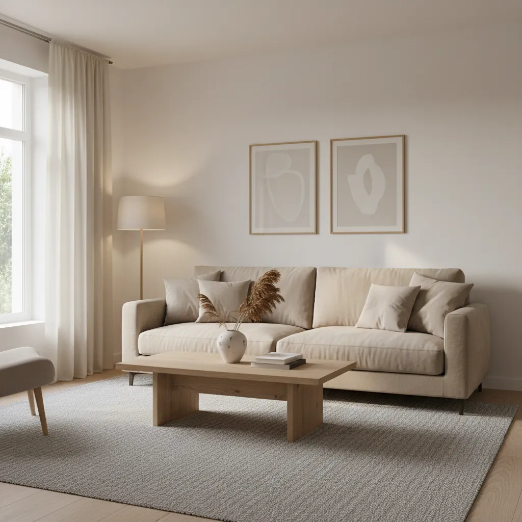 neutral color middle class living room with beige sofa and wooden accents