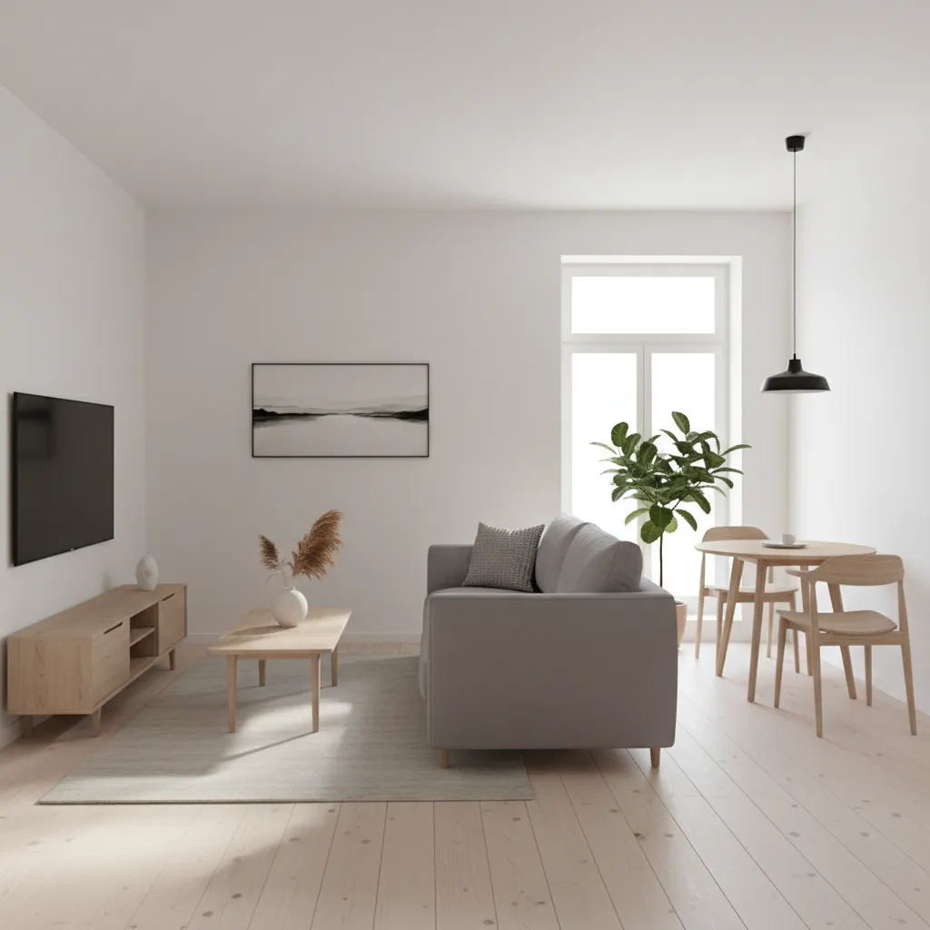 Small apartment interior with neutral colors and minimalist German design style