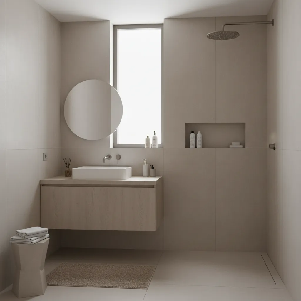 Small bathroom with cohesive neutral color palette making the space appear larger