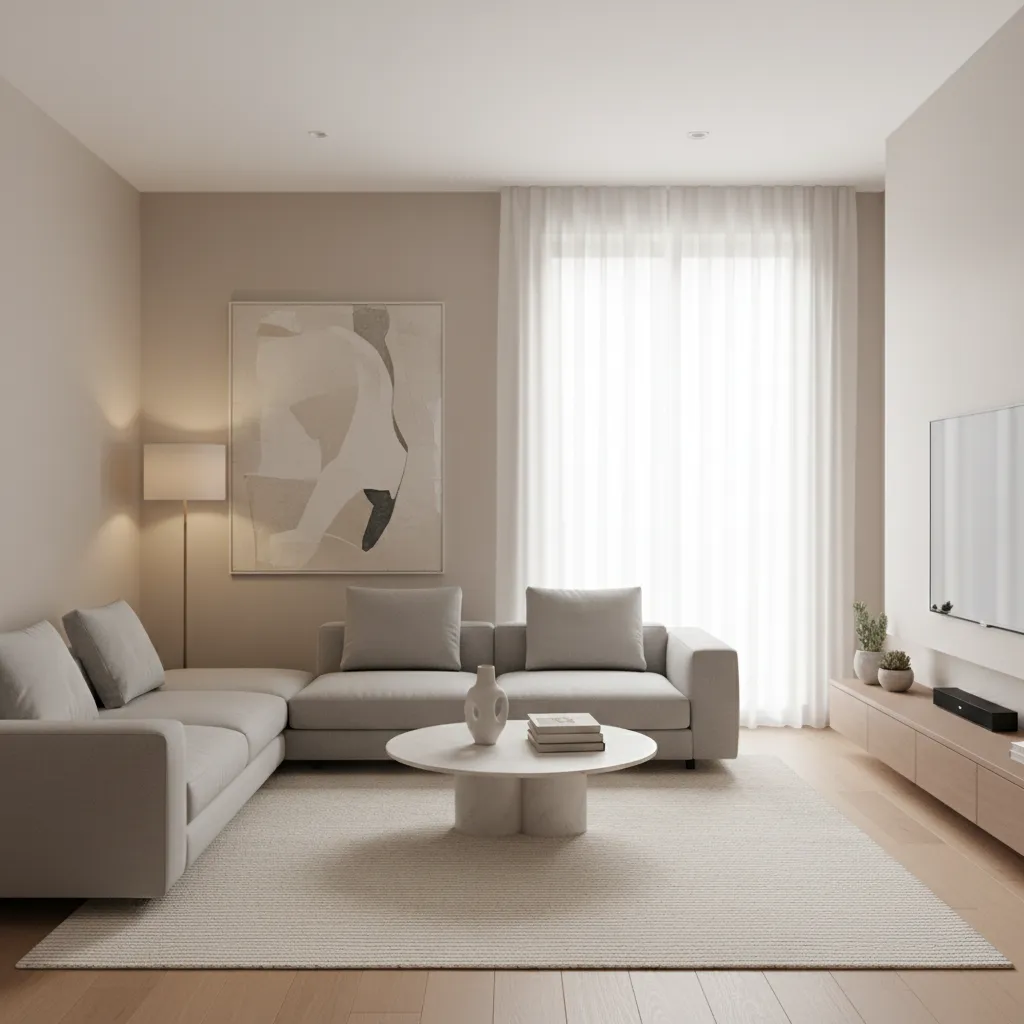 Neutral color small living hall with beige walls and modern sofa