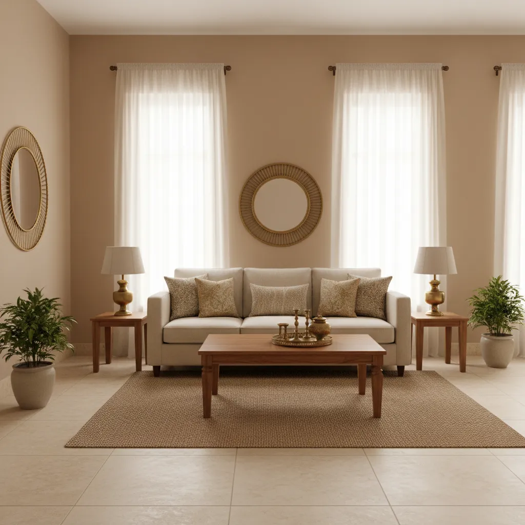 Neutral color palette Indian living room with beige walls wood furniture and soft lighting