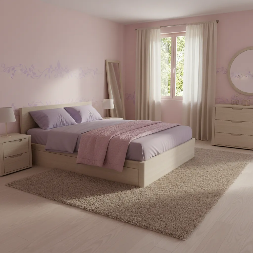 pink and purple bedroom balanced with beige rug and neutral furniture