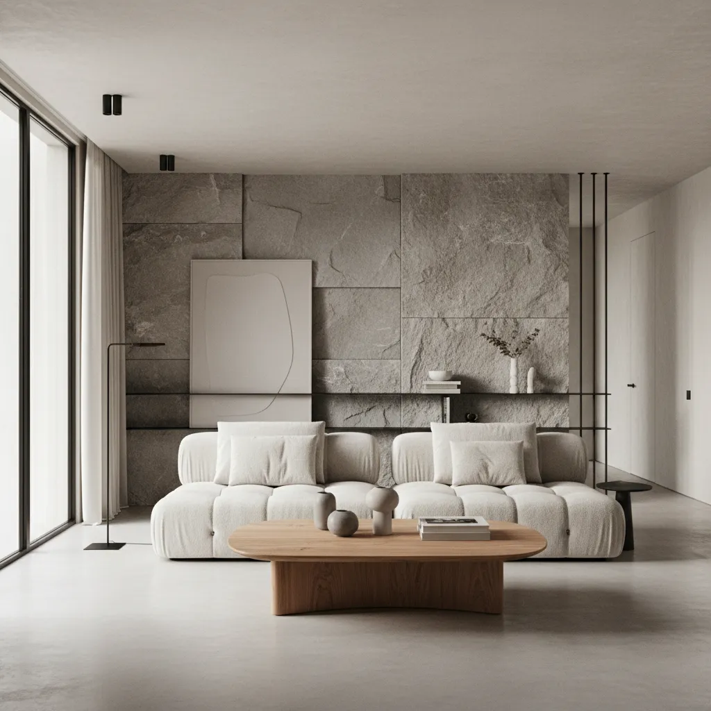 neutral contemporary interior showing wood stone and fabric textures creating depth