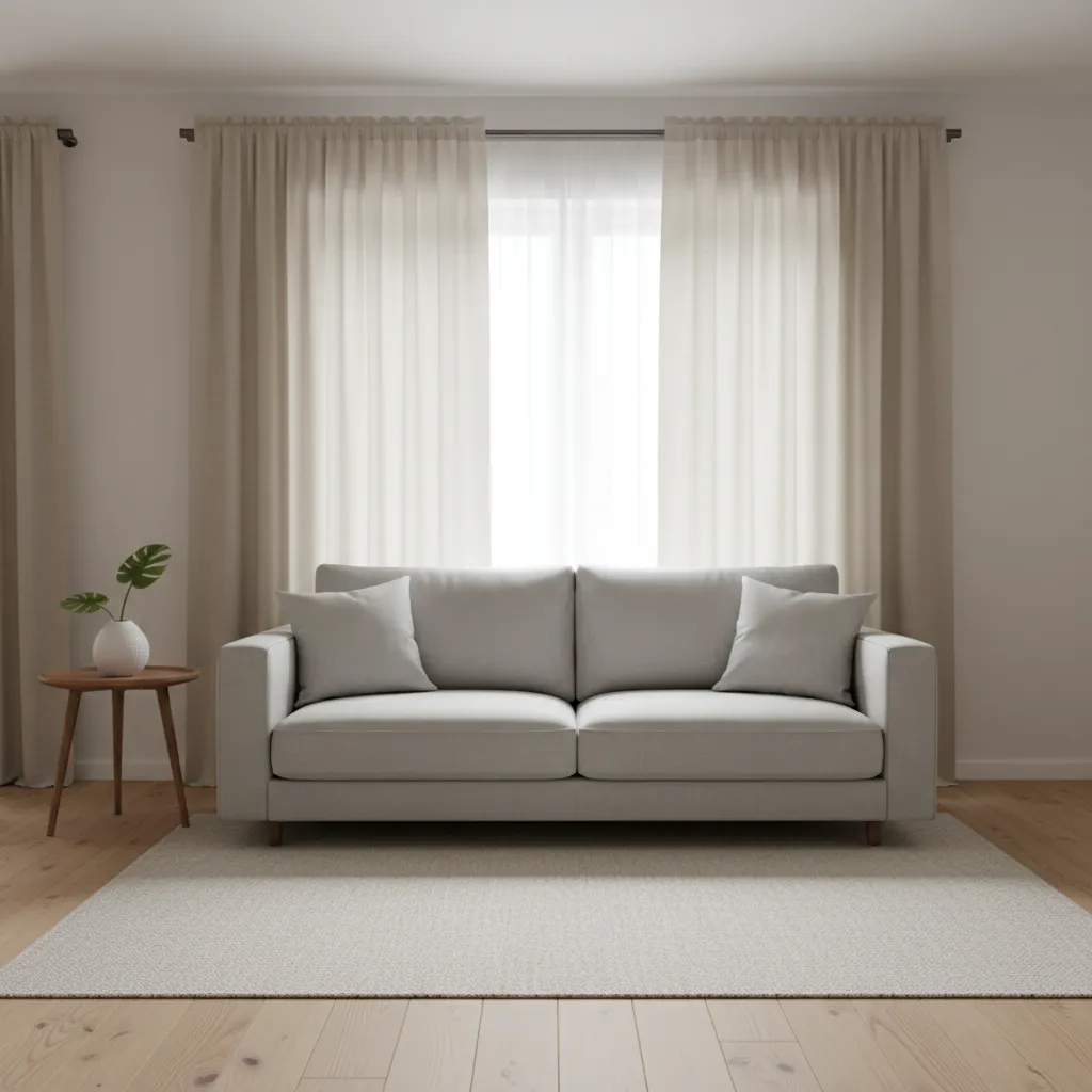 Living room with soft beige neutral curtains creating calm atmosphere