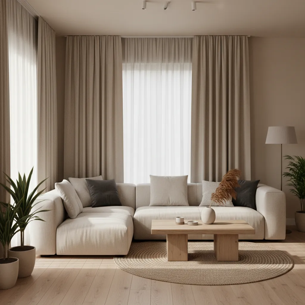neutral beige curtains blending with wall color in a small living room