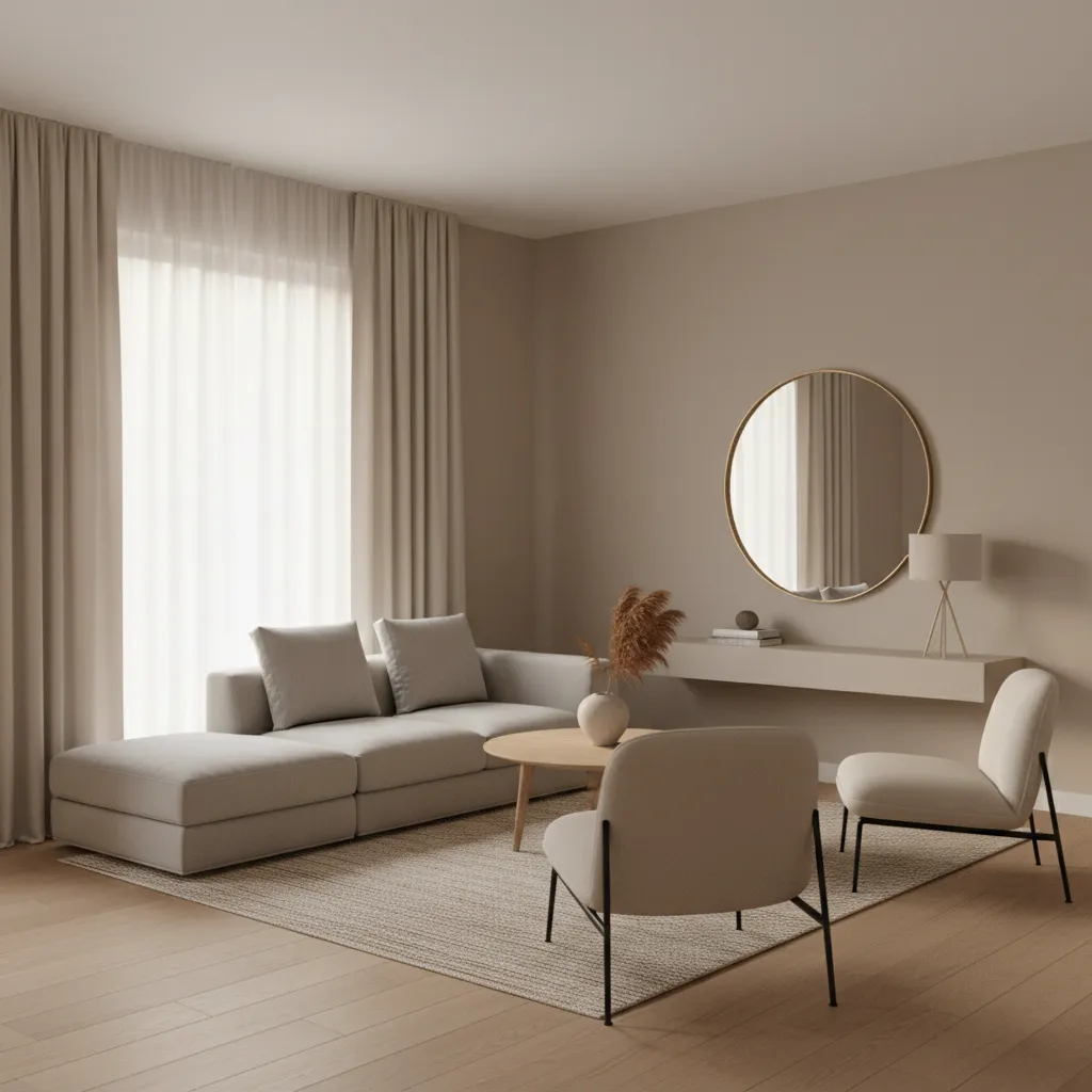 Neutral beige curtains blending with wall color in a compact living room