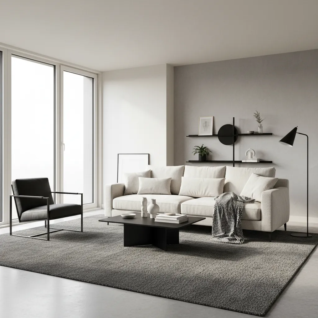 black grey cream living room interior with soft lighting and layered textures