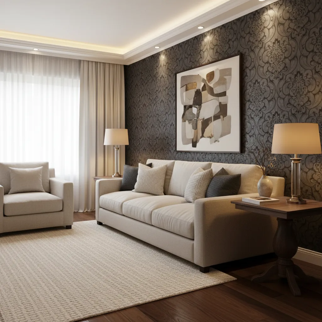 Neutral rug and linen sofa balancing bold damask wallpaper