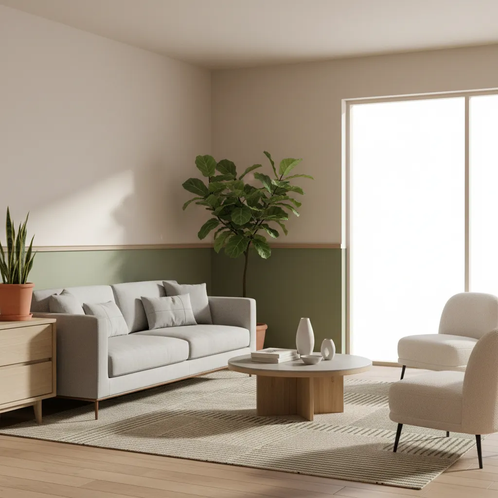 Bright drawing room interior with beige and olive wall paint combination