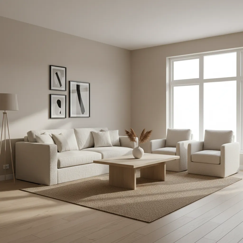 Neutral beige and cream drawing room interior with soft textures and modern furniture