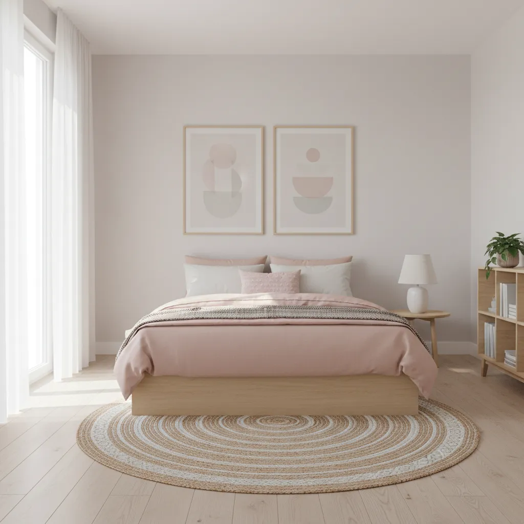 Neutral girls bedroom with soft blush bedding and simple decor designed for long term use