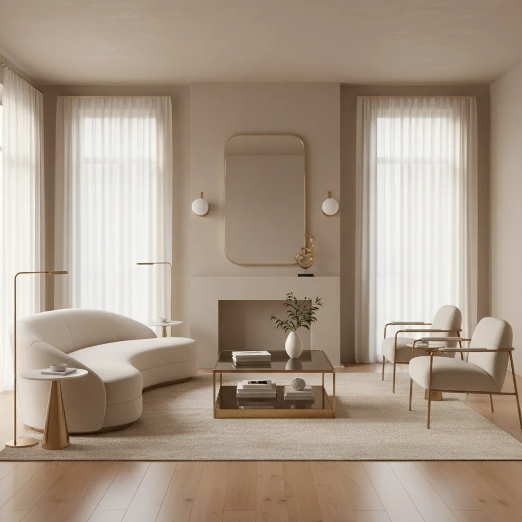 Neutral living room with subtle gold accents creating balanced glam decor