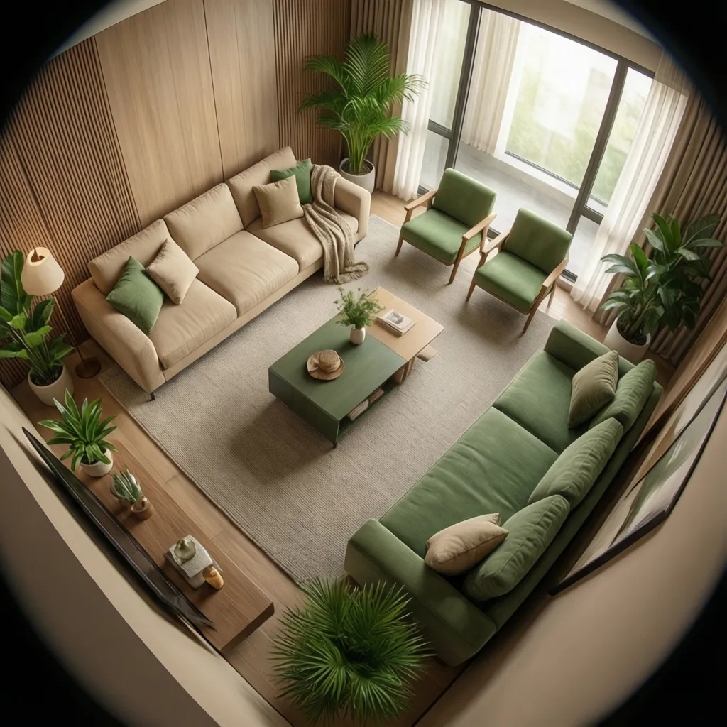 Furniture layout planning for a beige and green living room with balanced seating zones