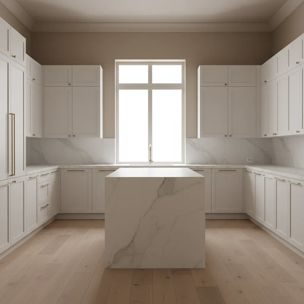 warm greige wall color with white kitchen cabinets