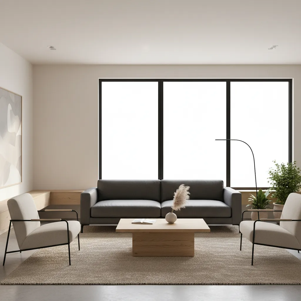 Neutral living room with grey leather sofa and modern decor