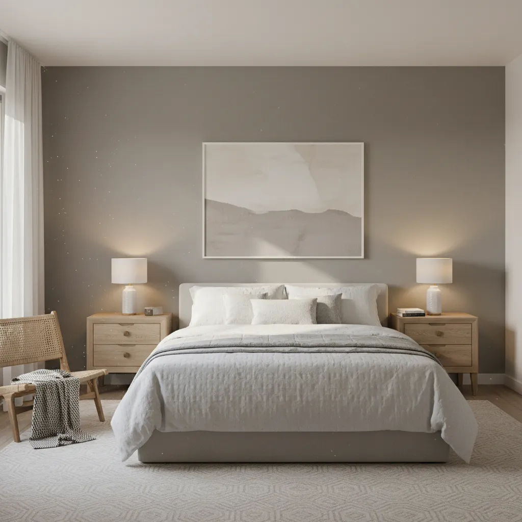 Neutral guest bedroom with soft greige walls and white bedding