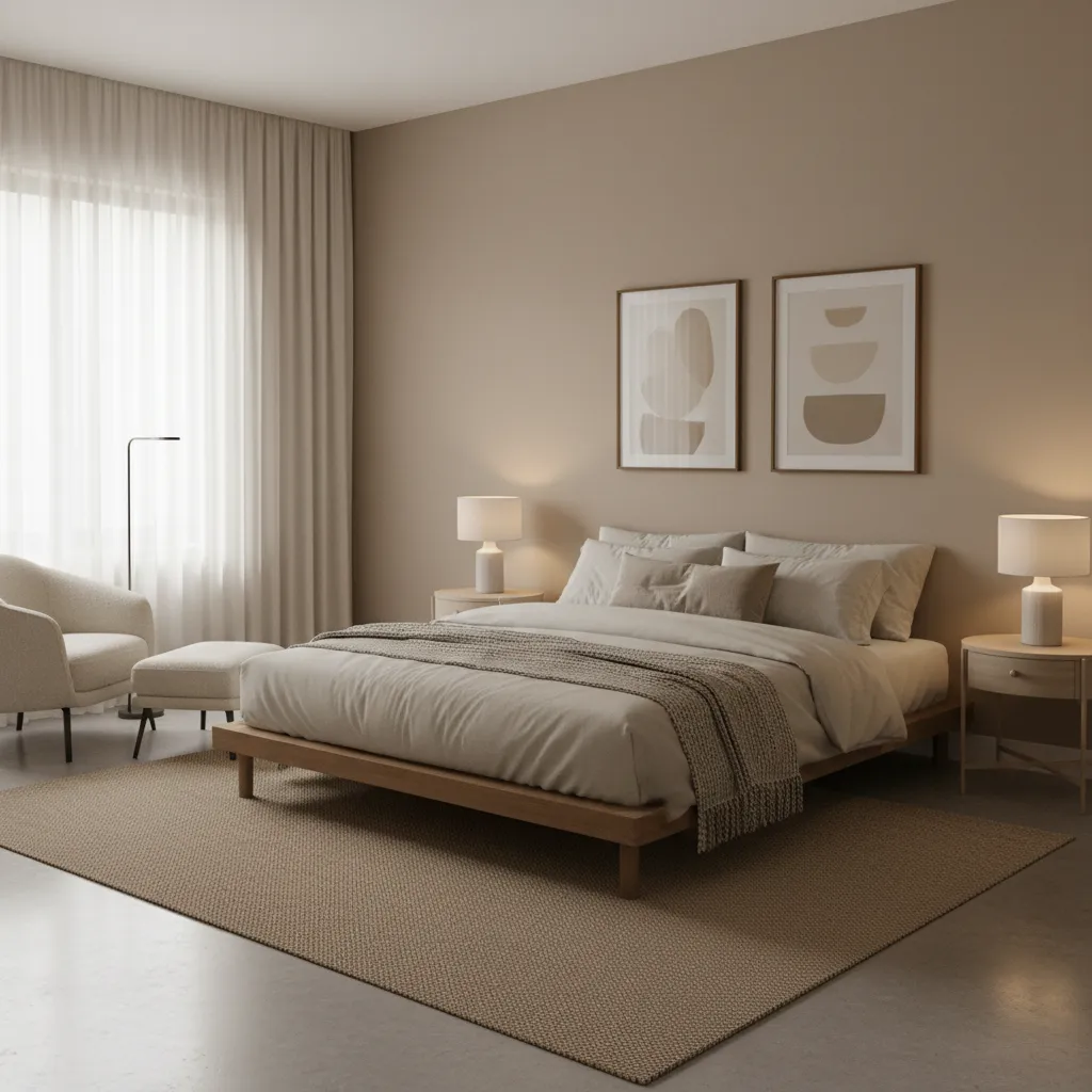 Neutral guest bedroom with beige walls and soft bedding