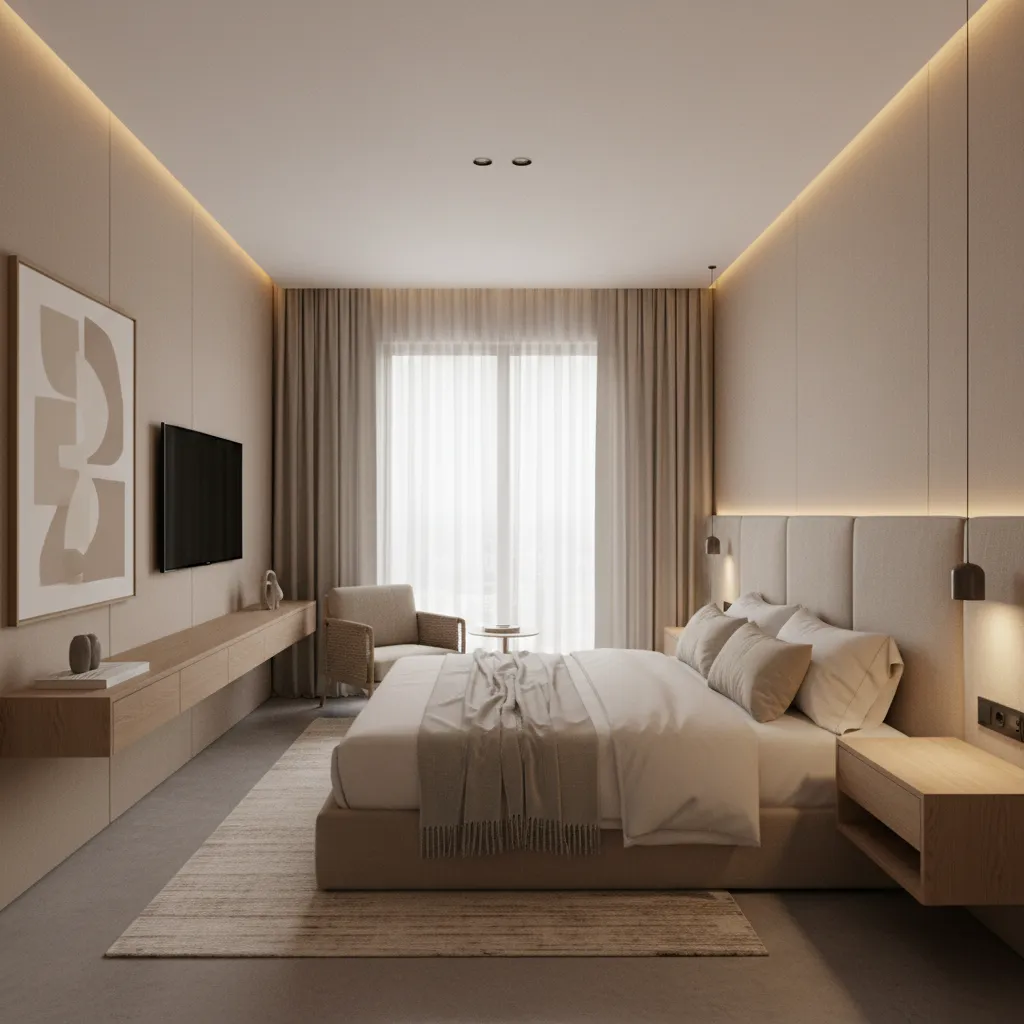 Hotel room interior with neutral beige palette and warm lighting