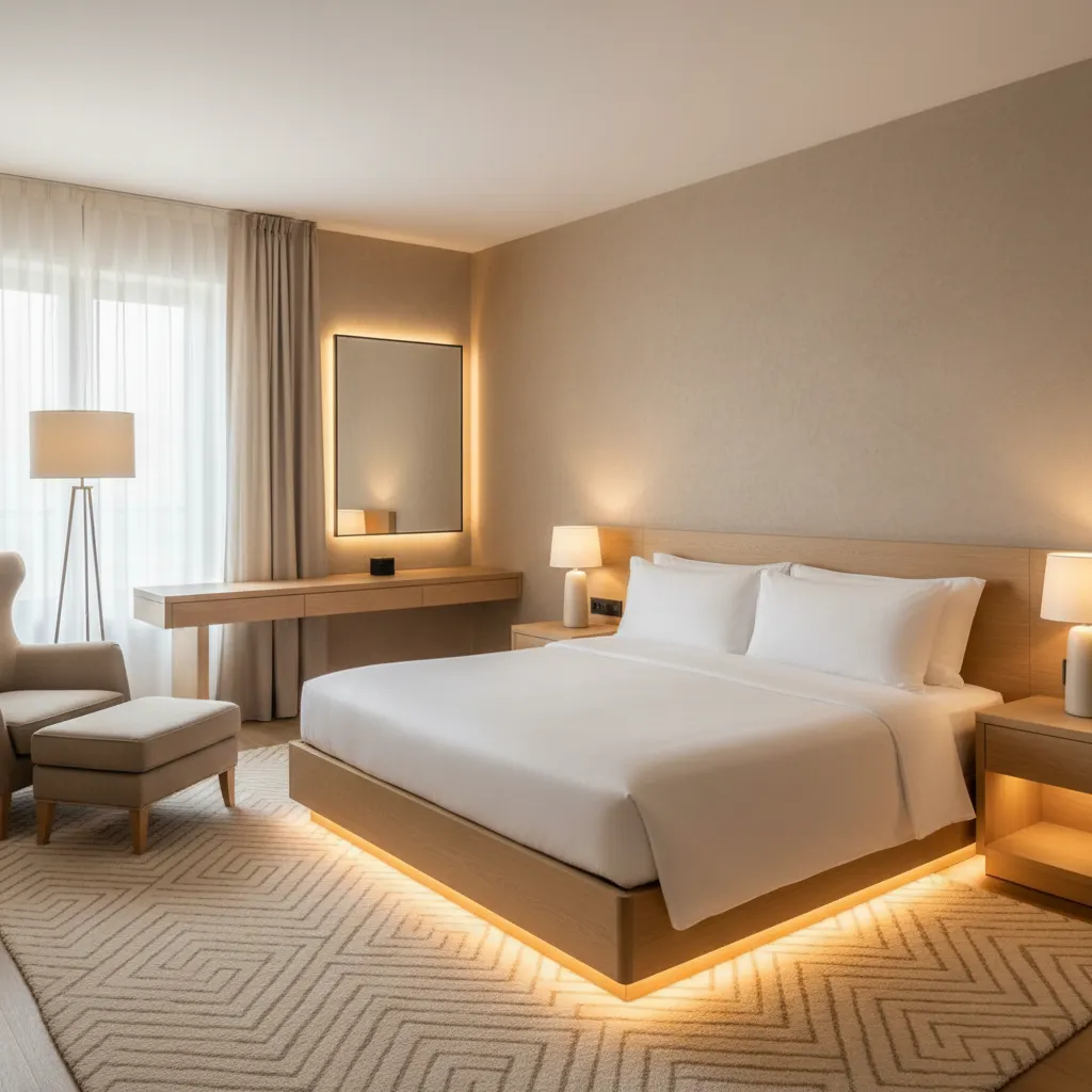Hotel room with warm neutral colour palette beige walls wood furniture