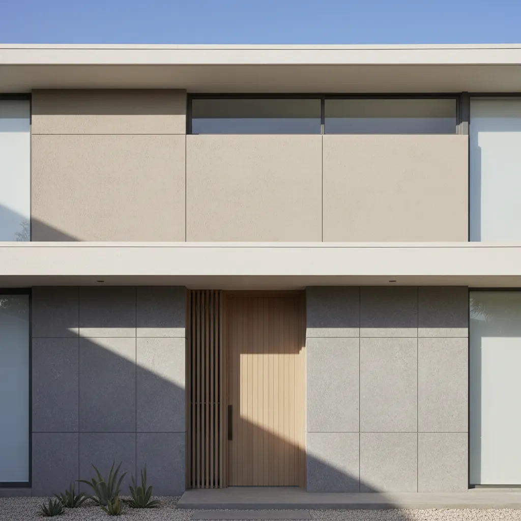 Fachada de casa con colores neutros y diseño minimalista