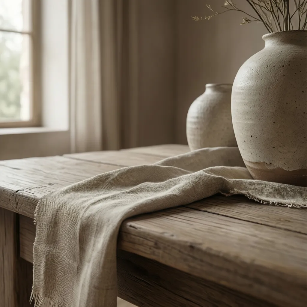 Detalle de materiales neutros en interiorismo: madera, lino y cerámica